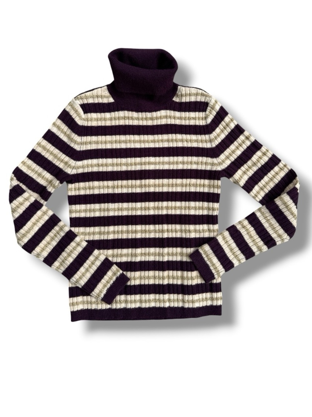 NWT Ann Taylor Purple/Gold Striped Ribbed Knit Turtleneck Sweater Size Small - Picture 3 of 11
